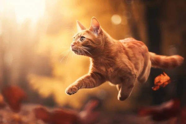a cat is jumping in the air with its paw in the air.