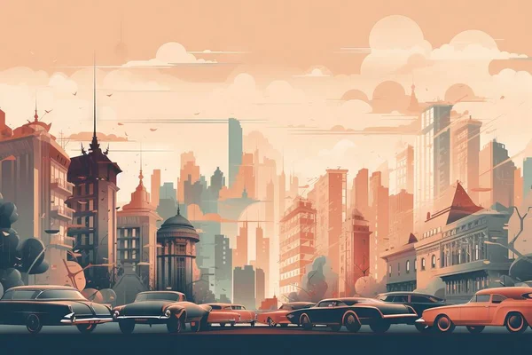 a painting of a city with a lot of cars in it.