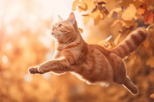 a cat is jumping up into the air to catch a frisbee.