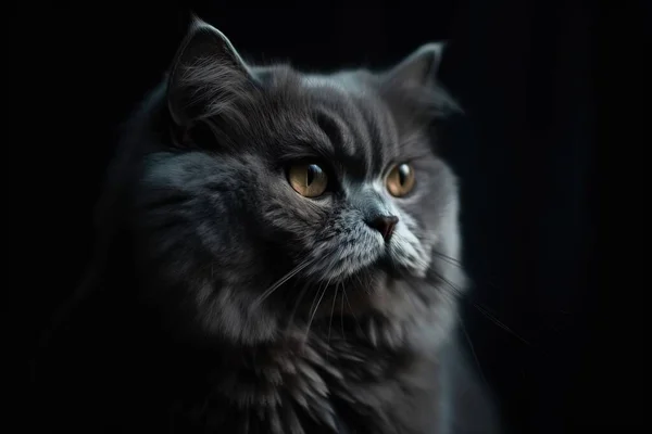a black cat with yellow eyes looking at the camera with a black background.