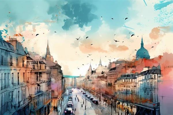 a painting of a city street with buildings and birds flying overhead.