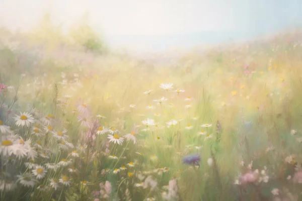 a painting of a field of wildflowers and daisies.
