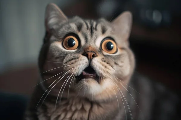 a cat with a surprised look on its face looking at the camera.