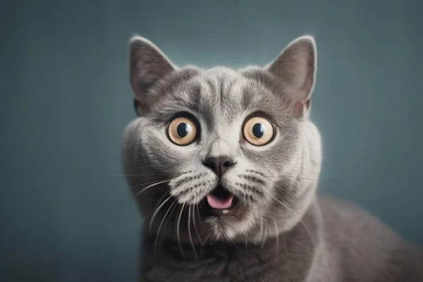 a gray cat with a surprised look on its face with its mouth open.