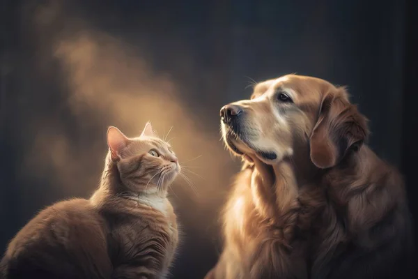 a cat and a dog are looking at each other in the same direction.