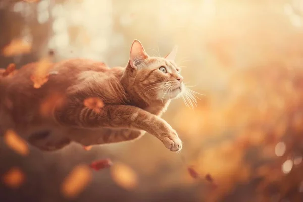 a cat is flying through the air in the fall leaves.