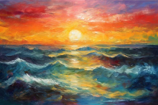 a painting of a sunset over a body of water with waves.