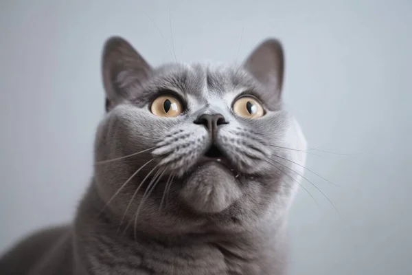 a gray cat with a surprised look on its face looking up.