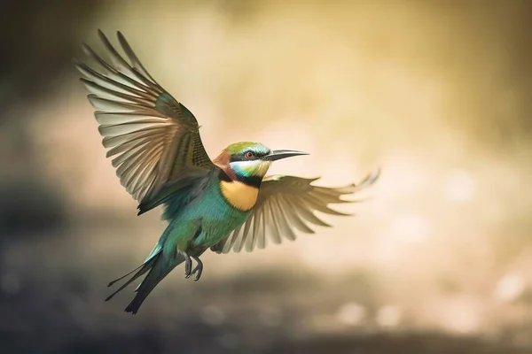 a colorful bird flying through the air with its wings spread.