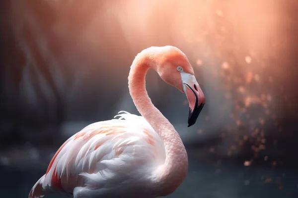 a pink flamingo standing in the water with its head turned to the side.