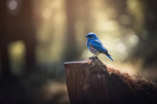 a small blue bird sitting on top of a wooden post.