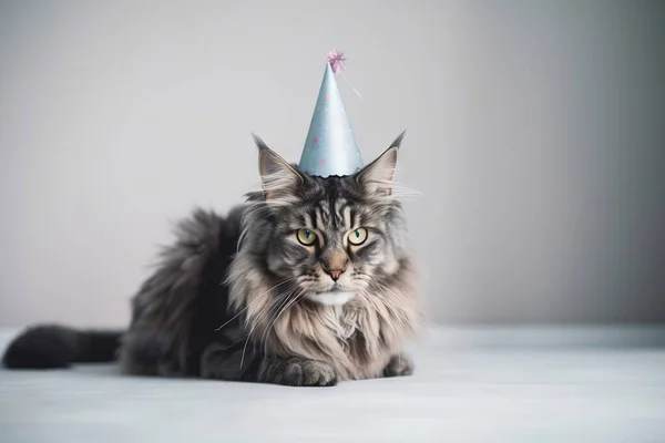 a cat with a party hat on it\'s head.
