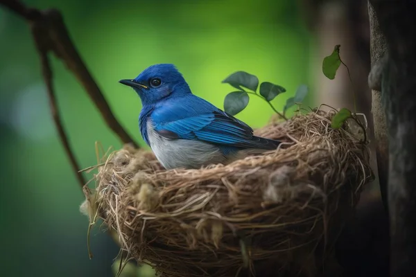 a small blue bird sitting on top of a bird nest.
