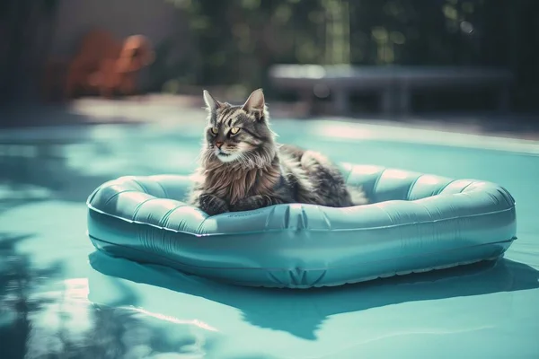 a cat sitting in an inflatable pool on the ground.