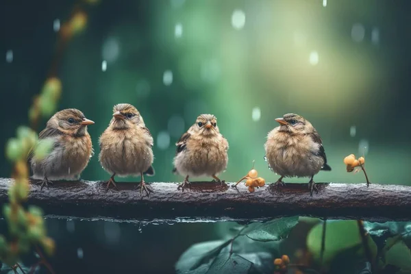 a group of birds sitting on a branch in the rain.