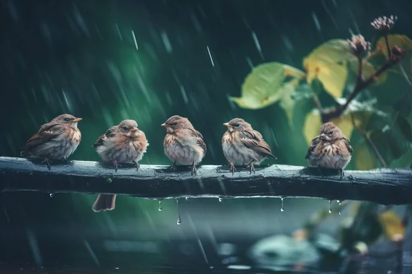 a group of birds sitting on a branch in the rain.