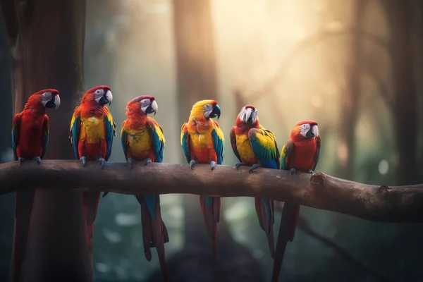 a group of colorful birds sitting on a branch in a forest.