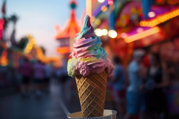 an ice cream cone with a rainbow swirl on top of it.