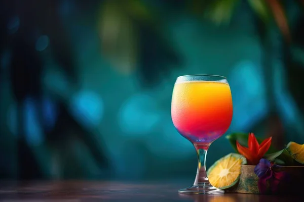 a colorful drink sitting on top of a table next to a bowl of fruit.