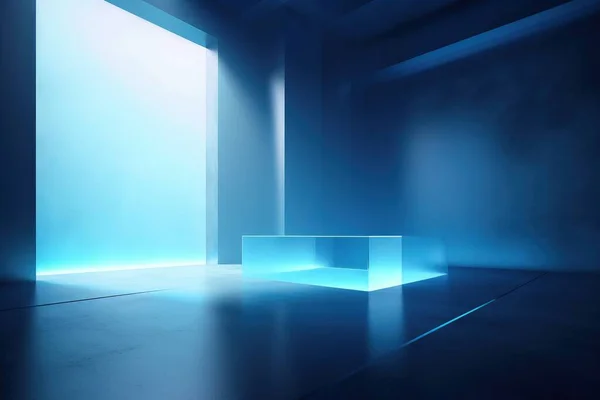an empty room with a blue light coming through the window.