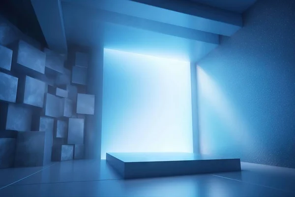 a room with a blue light coming from the ceiling and a white box on the floor.