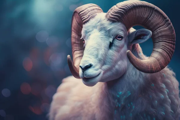 a close up of a ram with large horns on a dark background.