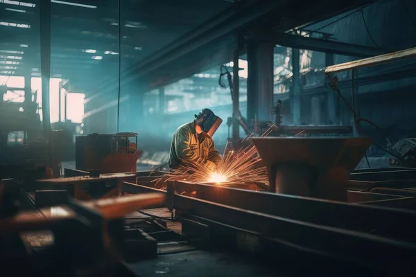 a welder working on a piece of metal in a factory.