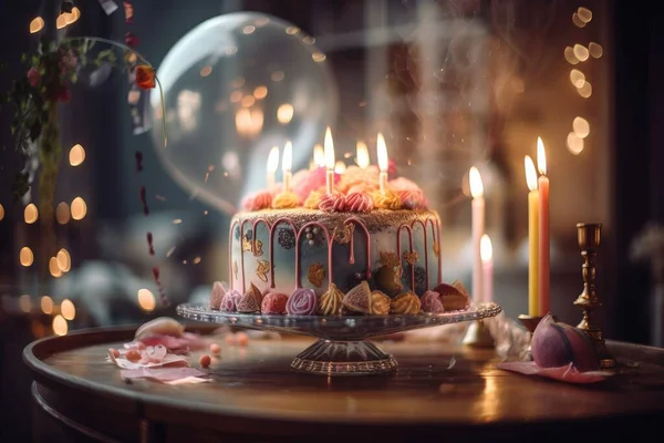 a cake with candles on a table with a cake plate.