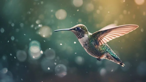 a hummingbird flying through the air with its wings spread.