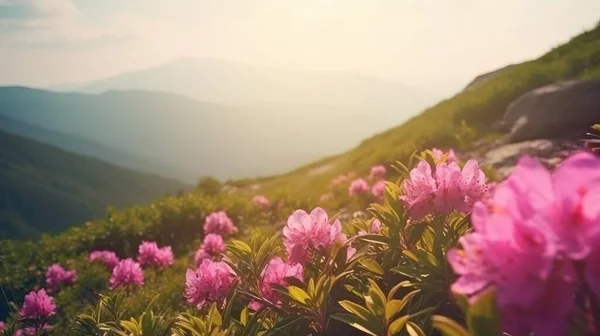 pink flowers on a hillside with mountains in the background at sunset.