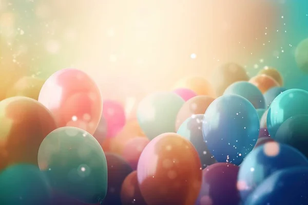 a bunch of balloons floating in the air with a blurry background.