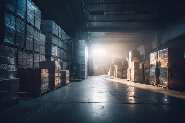 a warehouse filled with lots of boxes and a bright light.