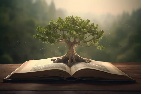 an open book with a tree growing out of it on a table.