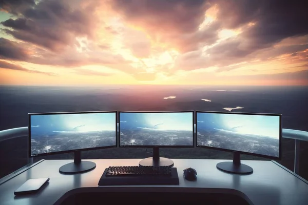 a computer desk with two monitors and a keyboard on it.