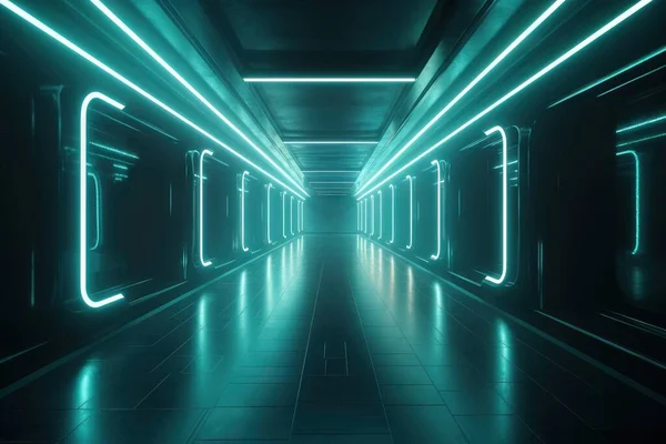 a long hallway with neon lights in the middle of it.