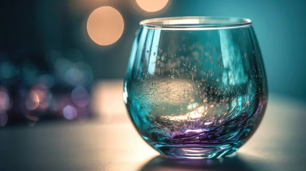 a close up of a glass on a table with lights in the background.