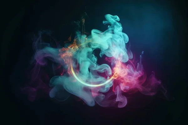 a colorful smoke ring on a black background with a blue circle.