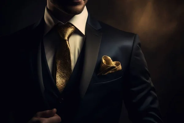 a man in a black suit with a gold tie and a gold flower.