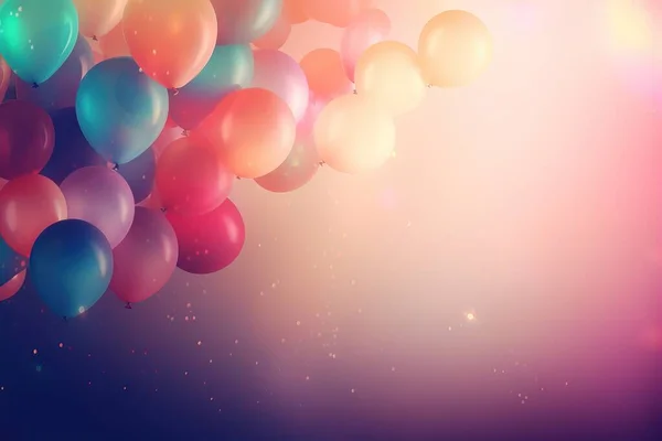 a bunch of balloons floating in the air on a blue and pink background.