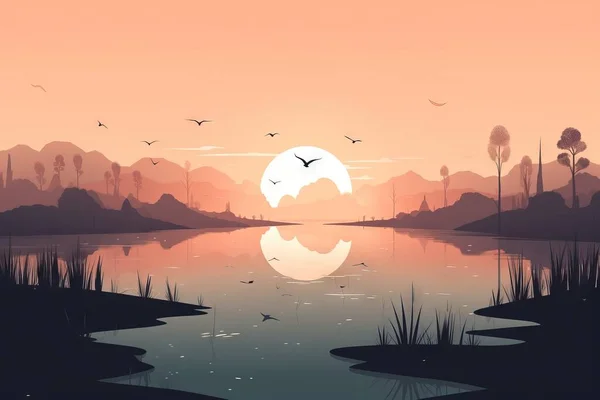 a painting of a sunset with birds flying over a lake.