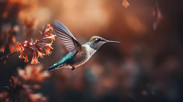 a hummingbird flying over a flower with a blurry background.