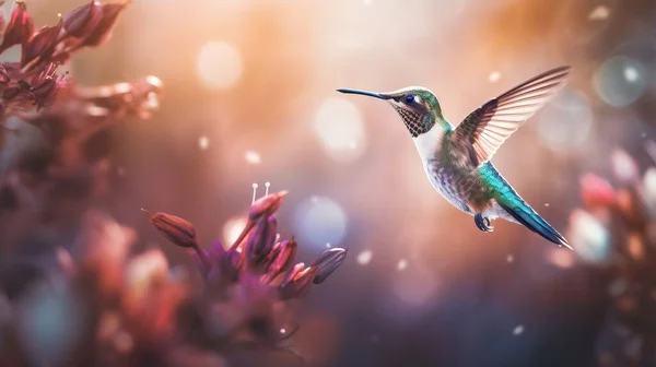 a colorful hummingbird flying over a flower filled field of flowers.