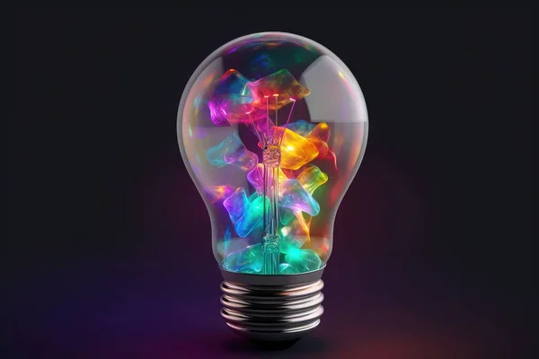 a light bulb with a colorful light inside of it on a black background.