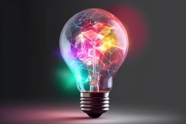 a light bulb with a colorful light inside of it on a dark background.