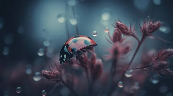 a lady bug sitting on top of a plant covered in water droplets.