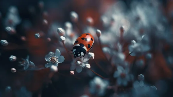 a lady bug sitting on top of a flower next to white flowers.