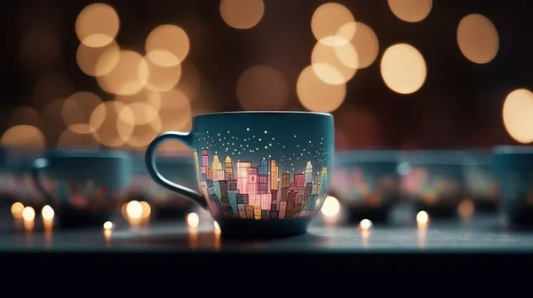 a coffee cup with a city skyline painted on the inside.