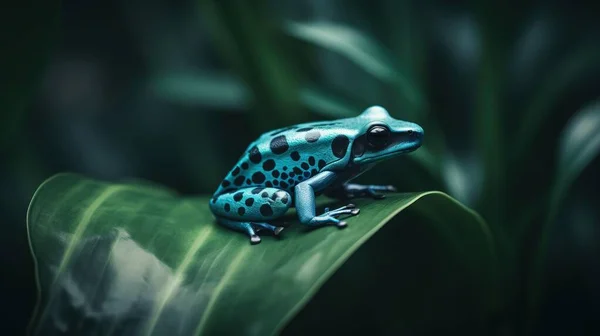 a blue and black frog sitting on a green leaf in the dark.