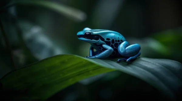 a blue frog sitting on top of a green plant leaf.