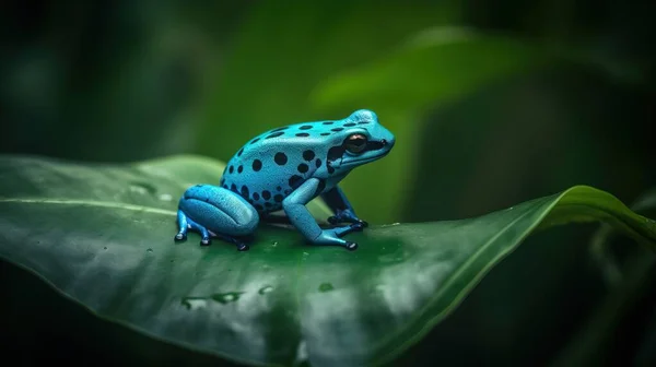 a blue and black frog sitting on a green leaf in the dark.
